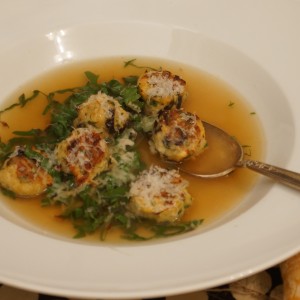 Chicken & Black Olive Meatballs in Consomme with Swiss Chard