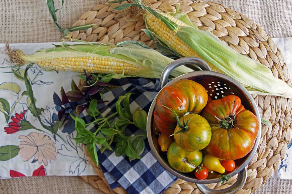 Heirloom Tomatoes, Sweet Corn, Green & Purple Basil