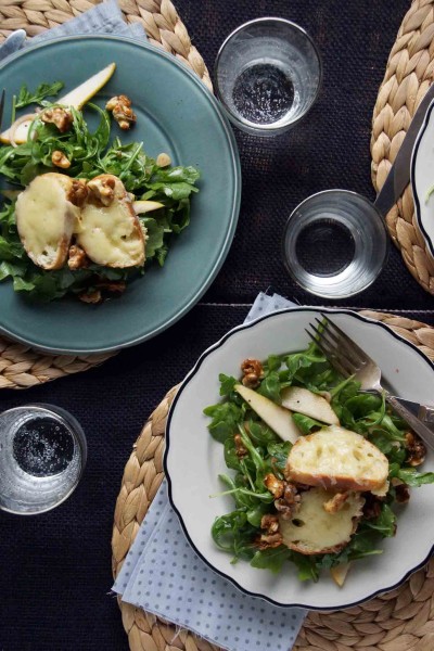 Pear & Arugula Salad with Candied Walnuts & Cheesy Croutons