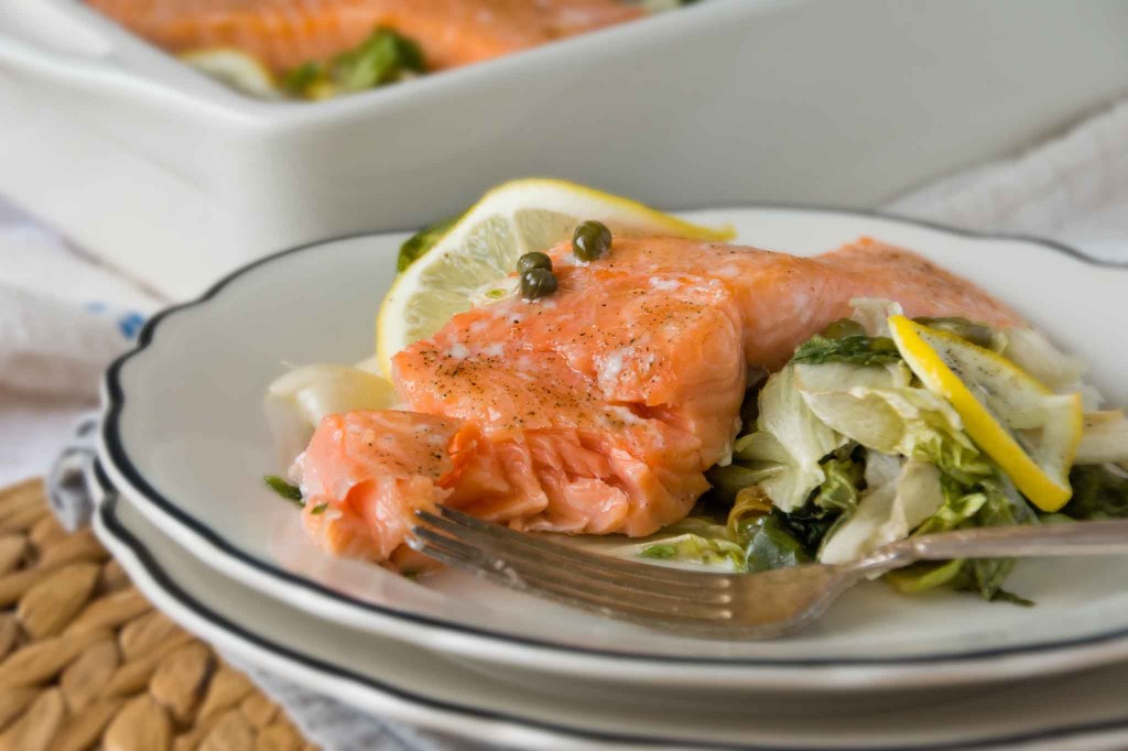 Slow Roasted Salmon with Escarole, Capers & Lemon