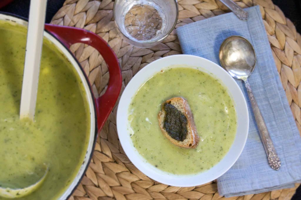 Zucchini & Chevre Soup with Basil & Mint Croutons